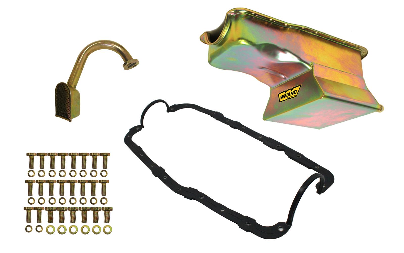 Weiand Oil Pan Packages 5037WND Kit 7QT- Gold Zinc Finish-65/87 SBF 351W (Drag Racing) Front Sump - FABRICATED