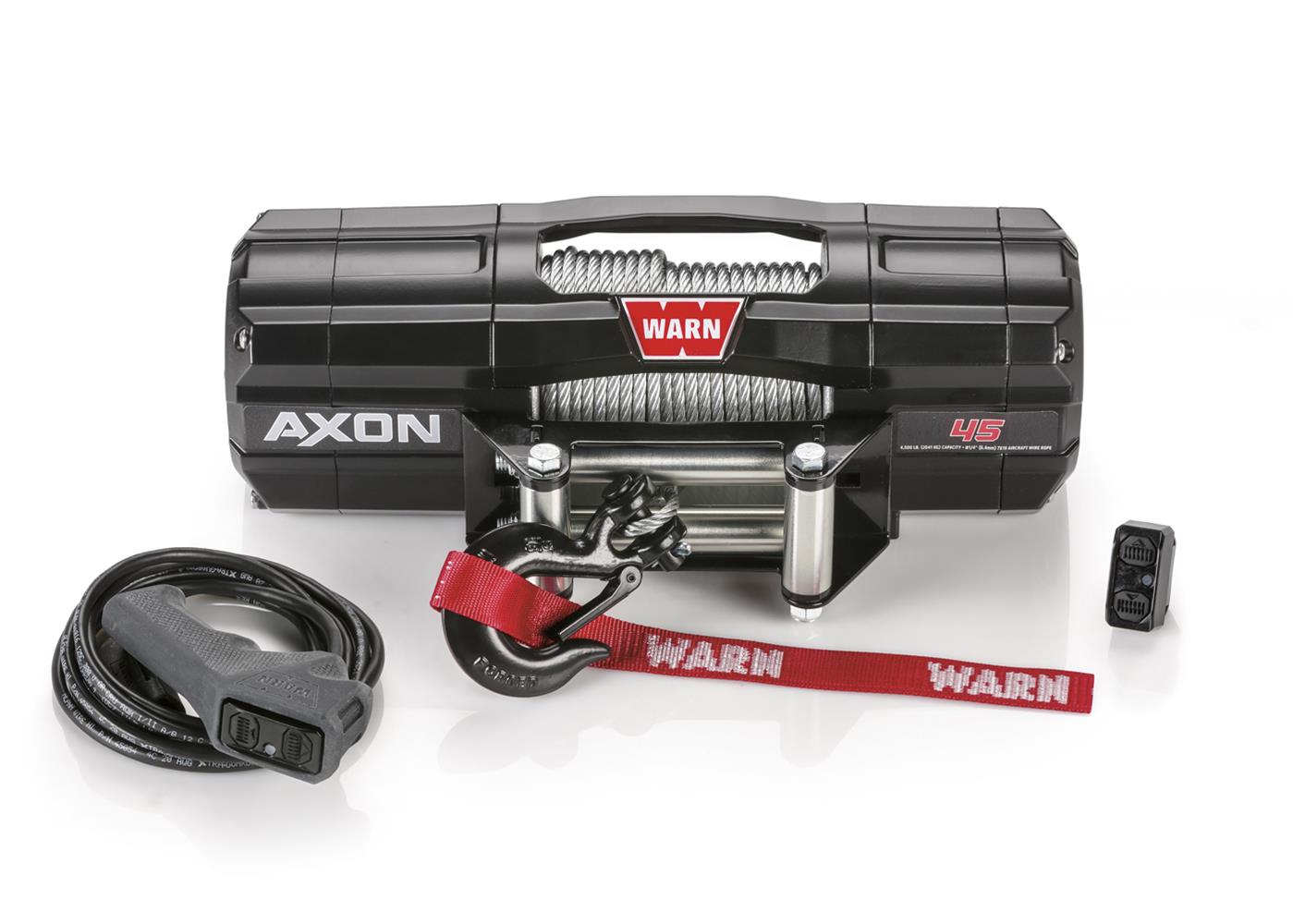 4,500 lbs. Warn Axon 45 Winch 101145 Winch, 45, Electric, 12 V, lbs., Roller Fairlead, 50 ft. Length Steel Cable, Handlebar Switch, 10 ft. Corded Remote, Each thumbnail 5
