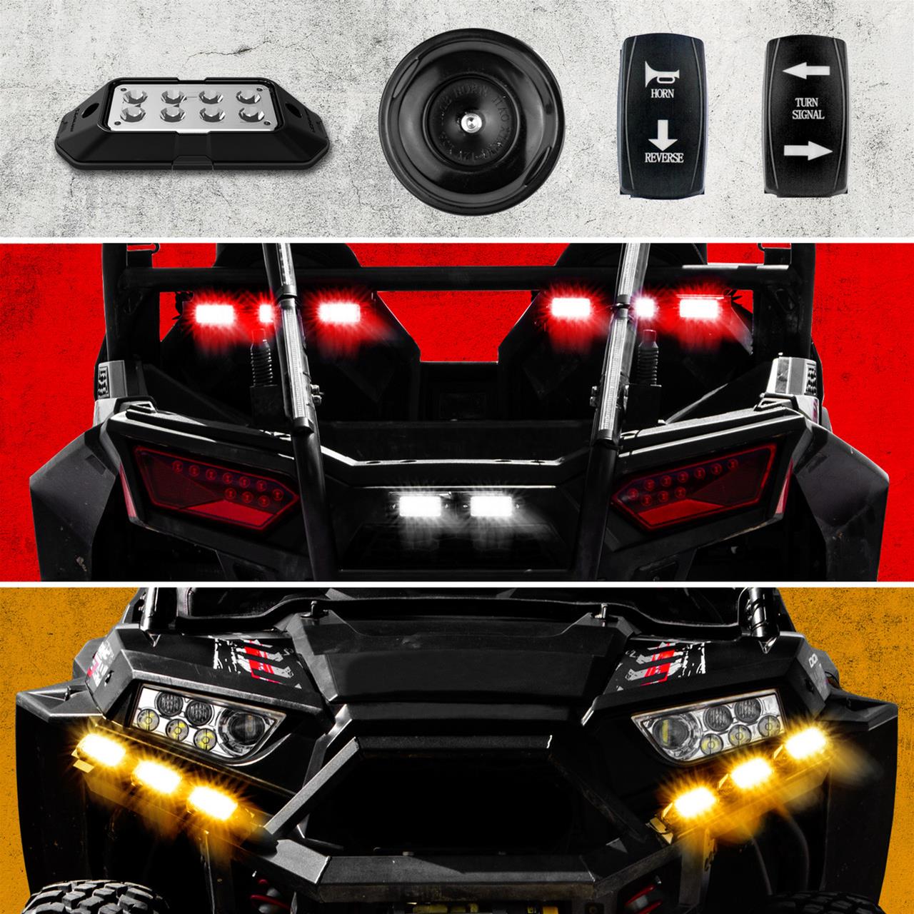 XK Glow Powersports Taillights XK-DT-ADV Advanced DOT Street Legal Conversion Signal Light + Horn Kit for ATV UTV - 2 White 4 Red 4 Amber Pods thumbnail 2