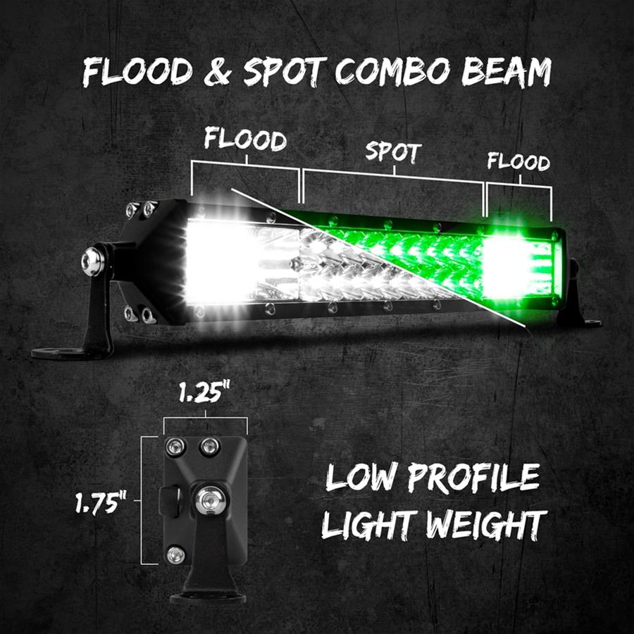 XK Glow Razor 2,700 Lumens 10 Inch LED Light Bar XK063010 Auxiliary Light, 2-in-1 Bar, Spot/Flood Style, LED, White/Green, Rectangular, Clear Lens, 12-24 V, Black Housing, in. Length, Each thumbnail 6