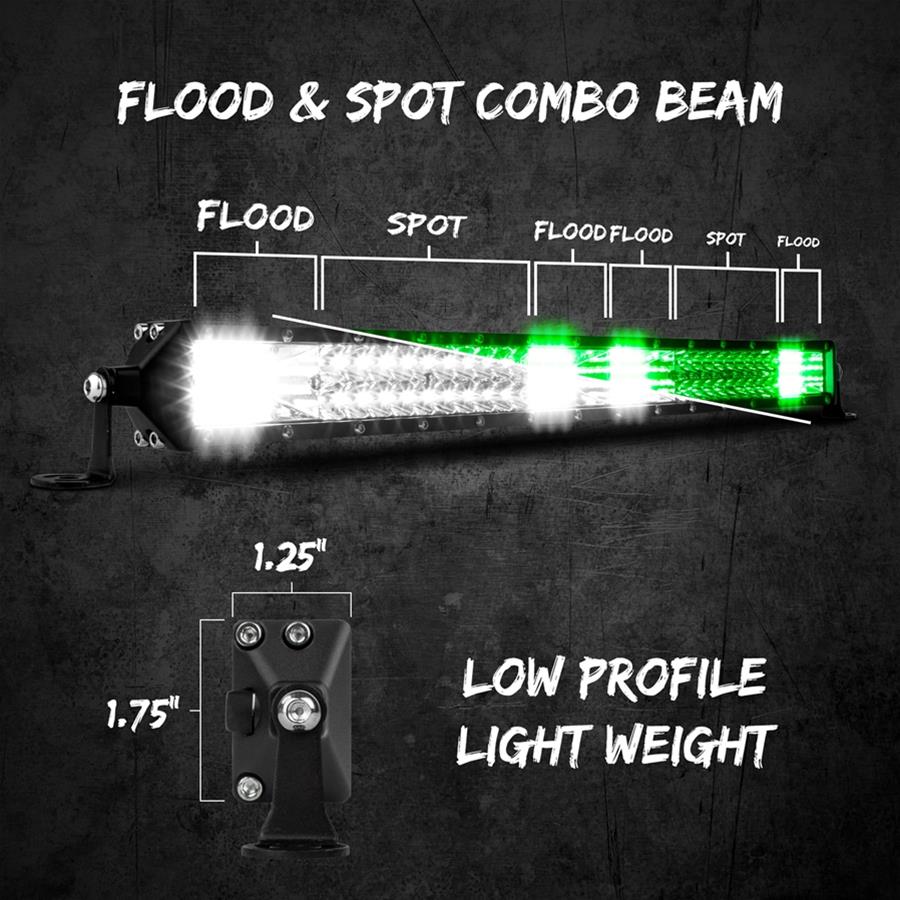 XK Glow Razor 5,400 Lumens 20 Inch LED Light Bar XK063020 Auxiliary Light, 2-in-1 Bar, Spot/Flood Style, LED, White/Green, Rectangular, Clear Lens, 12-24 V, Black Housing, in. Length, Each thumbnail 8