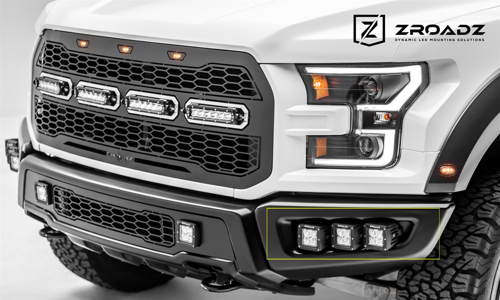 ZROADZ Bumper Accessories Z325652-KIT 2017 Ford F150 Raptor Front Fog Lamp Mount KIT With Protective LED Light Shroud- Includes (6) 3" LED Cube Lights, Universal Wire